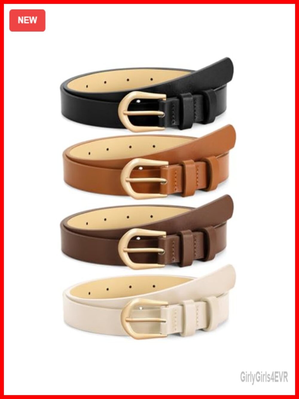 4 Pack Faux Leather Skinny Belts for Women Gold Buckle Waist Belts